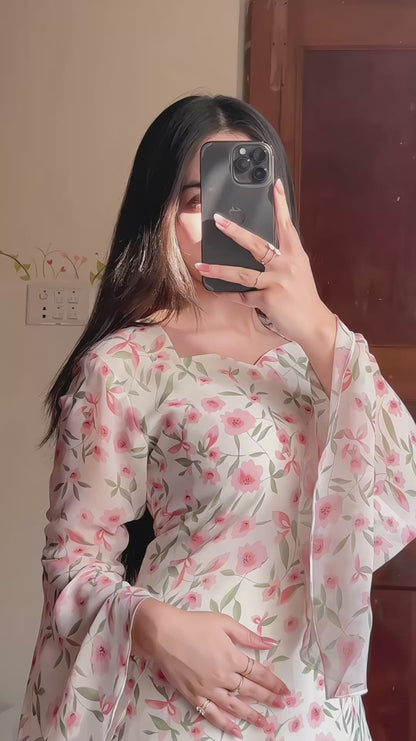 Eagleo Sakura Fairy Floral Print Chiffon Kurti for Women – Romantic Sweetheart Neckline